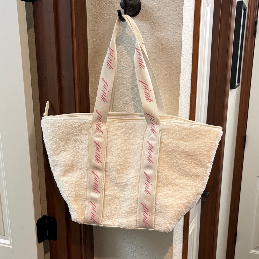 PINK Victoria's Secret Cream Faux Sheepskin Tote with Pink Straps